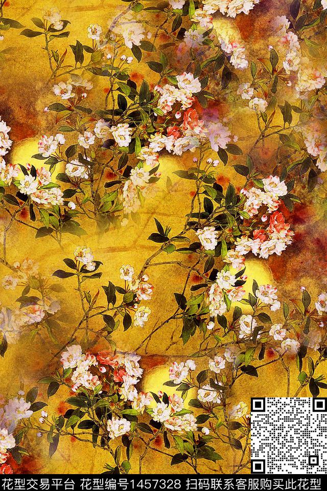 香云纱中国风国画花数码印花华亿平台下载（图片编号: 1457328） - 瓦栏（Walan）