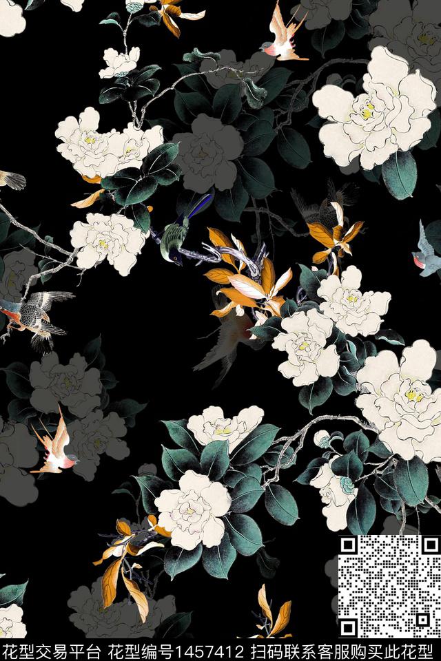 花卉中国风真丝数码印花华亿平台下载（图片编号: 1457412） - 瓦栏（Walan）