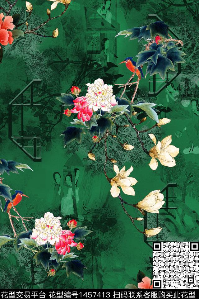 花卉中国风真丝数码印花华亿平台下载（图片编号: 1457413） - 瓦栏（Walan）