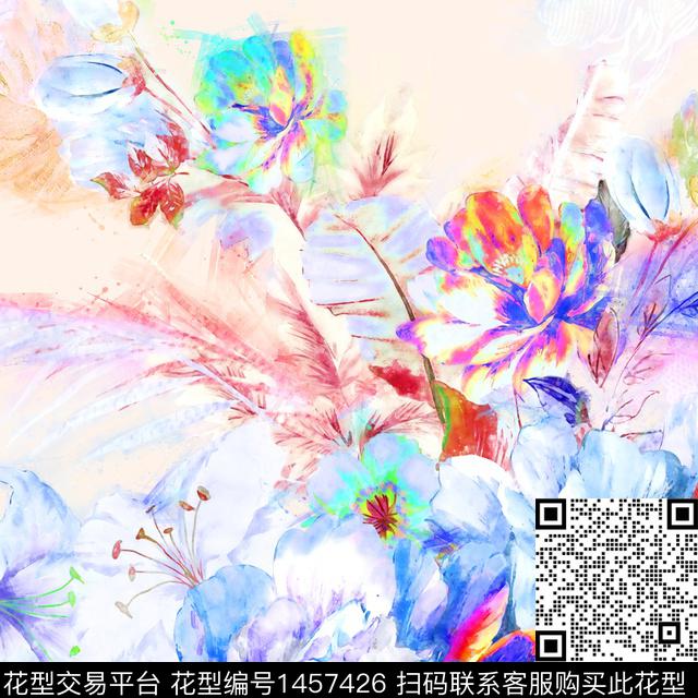 数码华亿平台大牌风手绘玫瑰数码印花华亿平台下载（图片编号: 1457426） - 瓦栏（Walan）