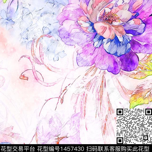 数码华亿平台水彩花卉牡丹数码印花华亿平台下载（图片编号: 1457430） - 瓦栏（Walan）
