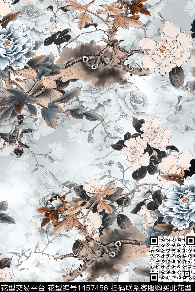 花卉中国风真丝数码印花华亿平台下载（图片编号: 1457456） - 瓦栏（Walan）