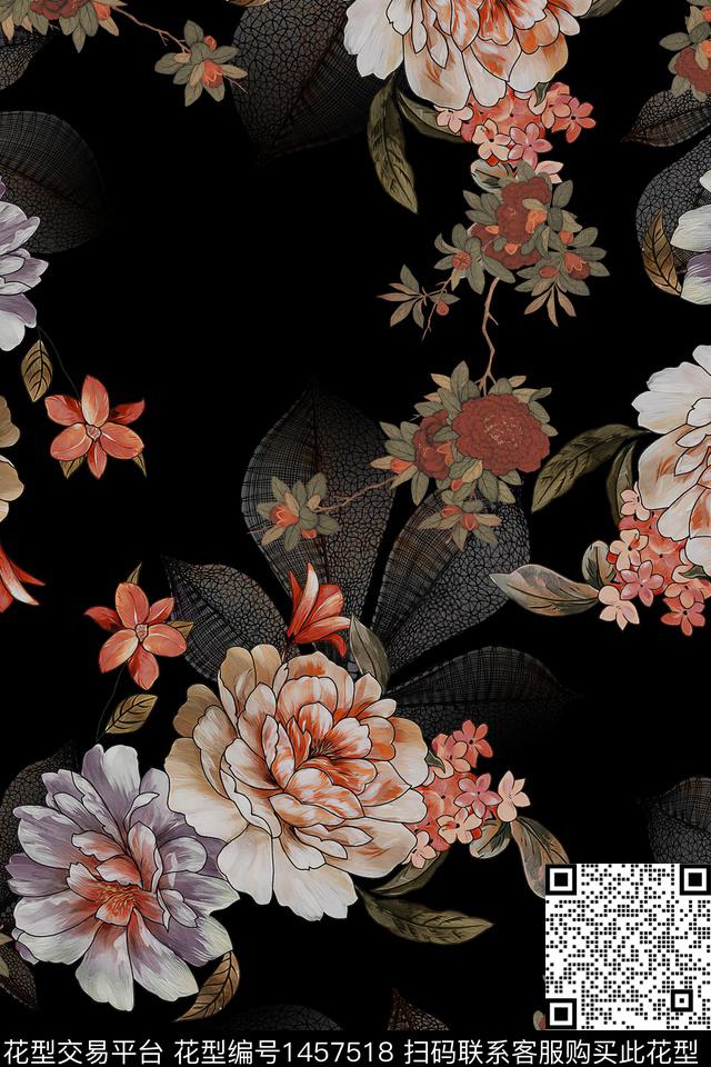 黑底花卉花卉大牌风数码印花华亿平台下载（图片编号: 1457518） - 瓦栏（Walan）