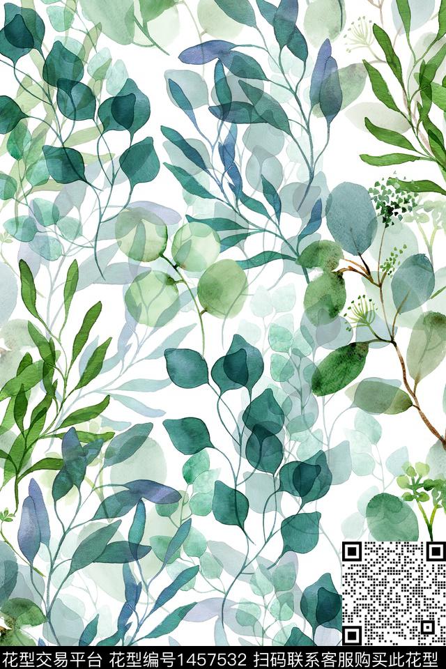 绿植树叶清爽底花卉花卉数码印花华亿平台下载（图片编号: 1457532） - 瓦栏（Walan）
