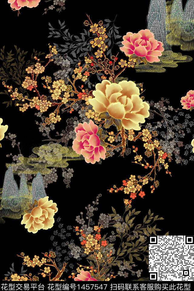 花卉香云纱中国风数码印花华亿平台下载（图片编号: 1457547） - 瓦栏（Walan）