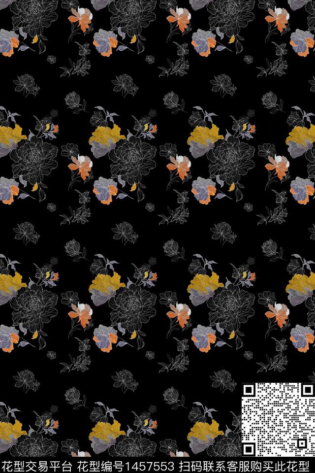 黑底花卉复古牡丹数码印花华亿平台下载（图片编号: 1457553） - 瓦栏（Walan）