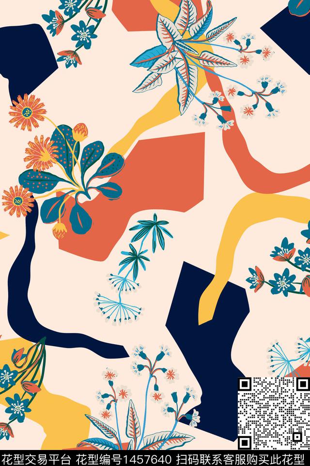 几何花卉时尚女装数码印花华亿平台下载（图片编号: 1457640） - 瓦栏（Walan）