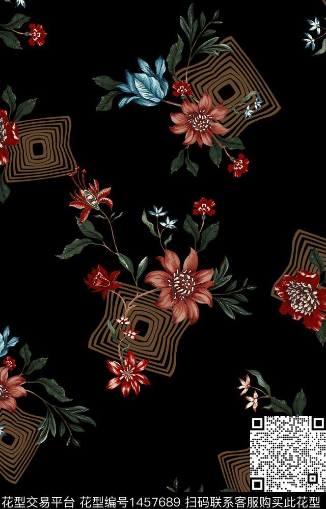 几何黑底花卉数码华亿平台数码印花华亿平台下载（图片编号: 1457689） - 瓦栏（Walan）