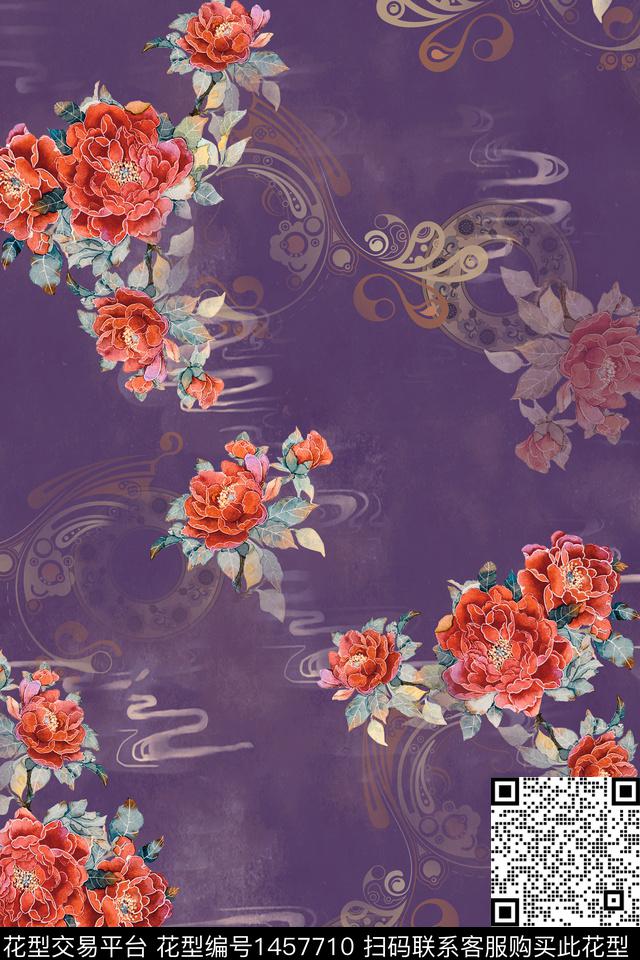 中国风香云纱复古旗袍型数码印花华亿平台下载（图片编号: 1457710） - 瓦栏（Walan）