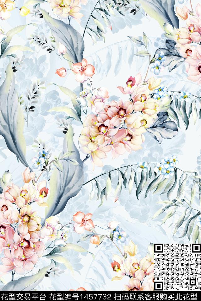 绿植树叶清爽底花卉花卉数码印花华亿平台下载（图片编号: 1457732） - 瓦栏（Walan）