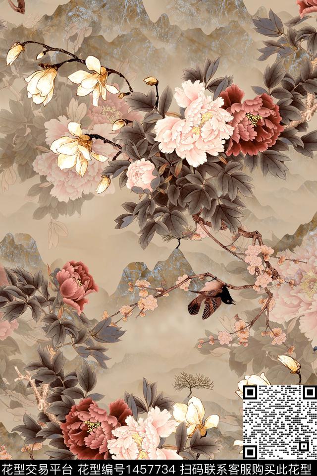 花卉中国风真丝数码印花华亿平台下载（图片编号: 1457734） - 瓦栏（Walan）