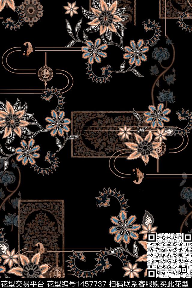 花卉香云纱中国风数码印花华亿平台下载（图片编号: 1457737） - 瓦栏（Walan）