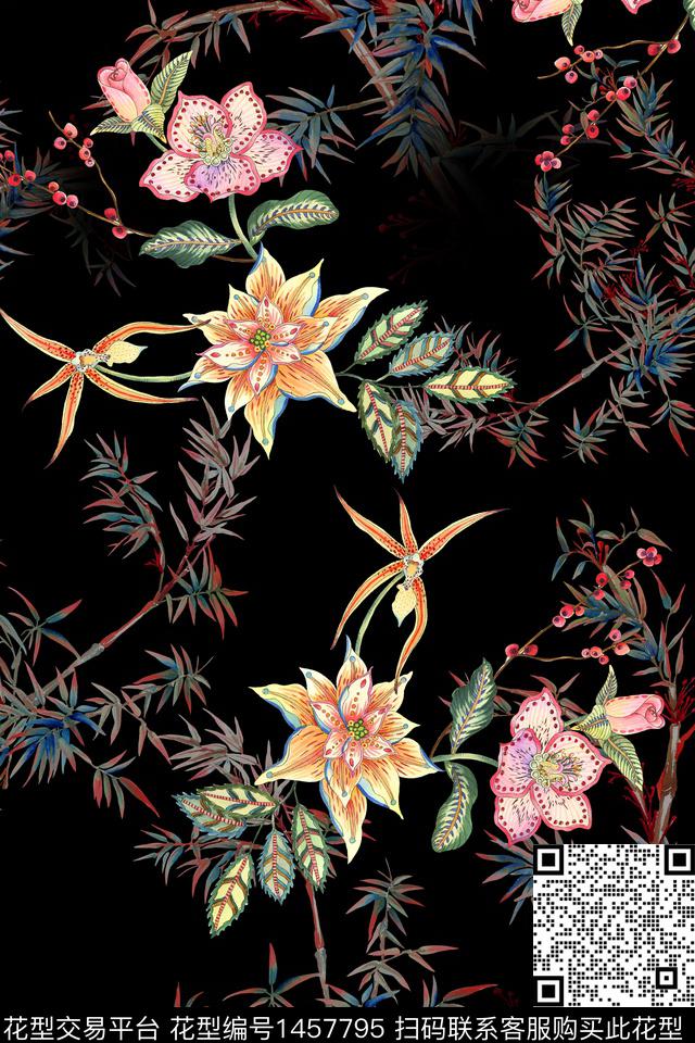 花卉香云纱中国风数码印花华亿平台下载（图片编号: 1457795） - 瓦栏（Walan）