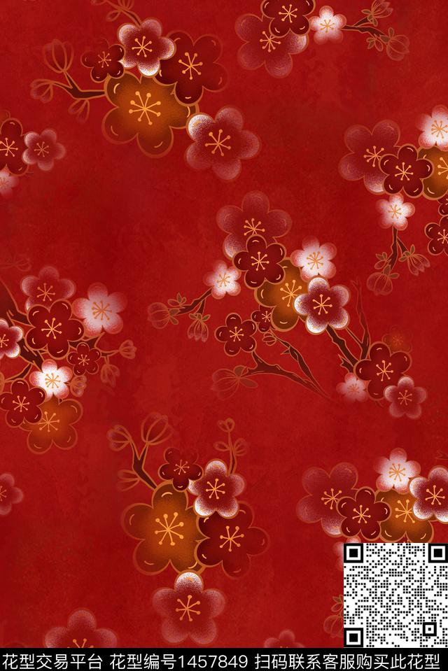 梅花香云纱中国风花卉数码印花华亿平台下载（图片编号: 1457849） - 瓦栏（Walan）