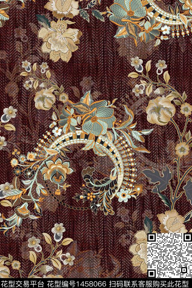 民族风花卉真丝数码印花华亿平台下载（图片编号: 1458066） - 瓦栏（Walan）