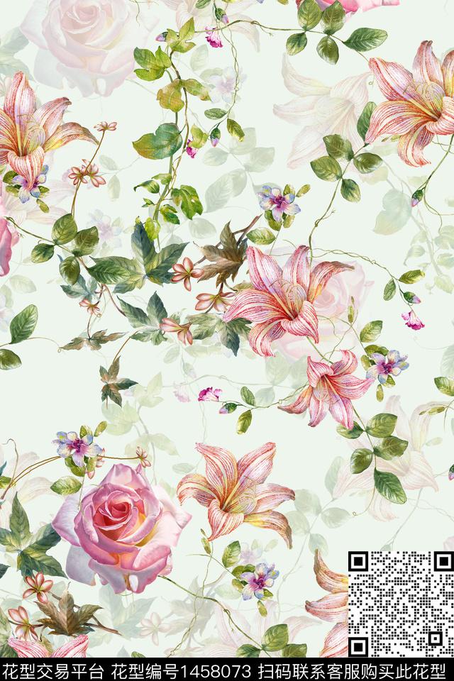 花卉小清新真丝数码印花华亿平台下载（图片编号: 1458073） - 瓦栏（Walan）