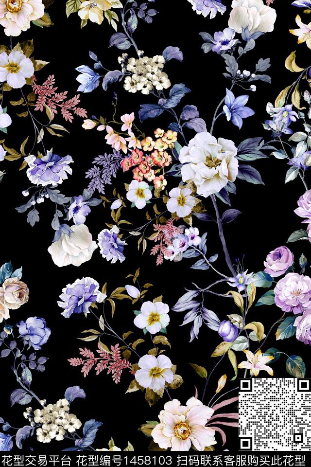 黑底花卉花卉大牌风数码印花华亿平台下载（图片编号: 1458103） - 瓦栏（Walan）