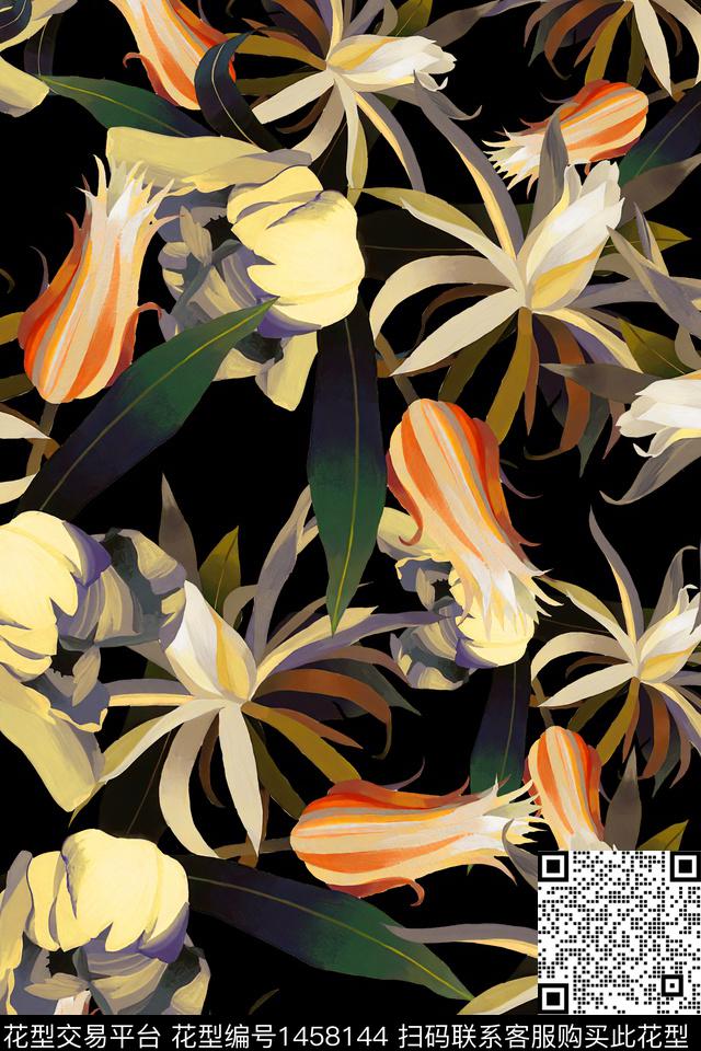 绿植树叶黑底花卉抽象花卉数码印花华亿平台下载（图片编号: 1458144） - 瓦栏（Walan）