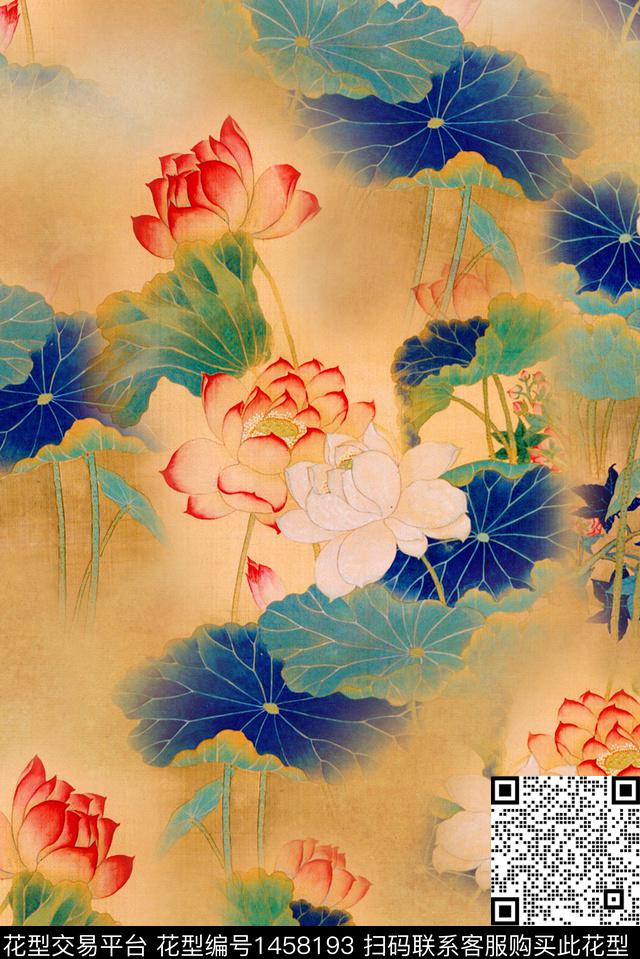 荷花香云纱中国风花卉数码印花华亿平台下载（图片编号: 1458193） - 瓦栏（Walan）