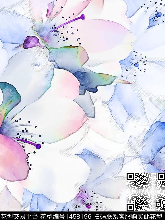 定位花花卉水彩花卉数码印花华亿平台下载（图片编号: 1458196） - 瓦栏（Walan）
