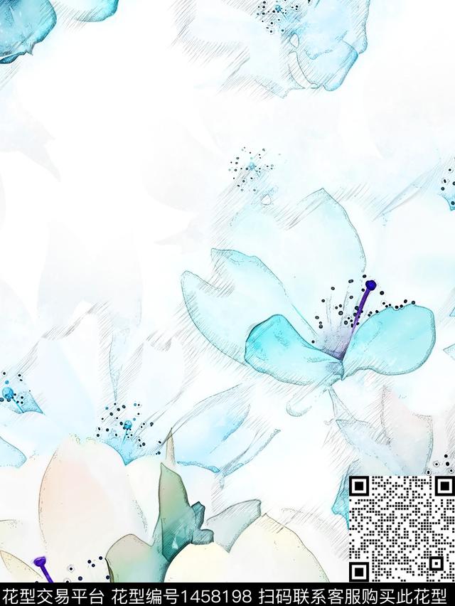 定位花花卉水彩花卉数码印花华亿平台下载（图片编号: 1458198） - 瓦栏（Walan）