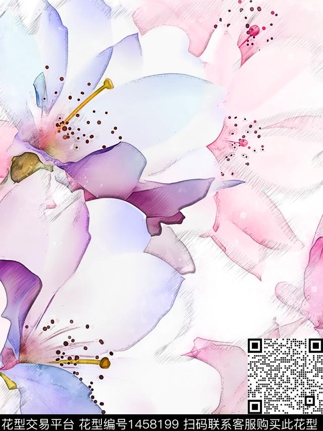 定位花花卉水彩花卉数码印花华亿平台下载（图片编号: 1458199） - 瓦栏（Walan）