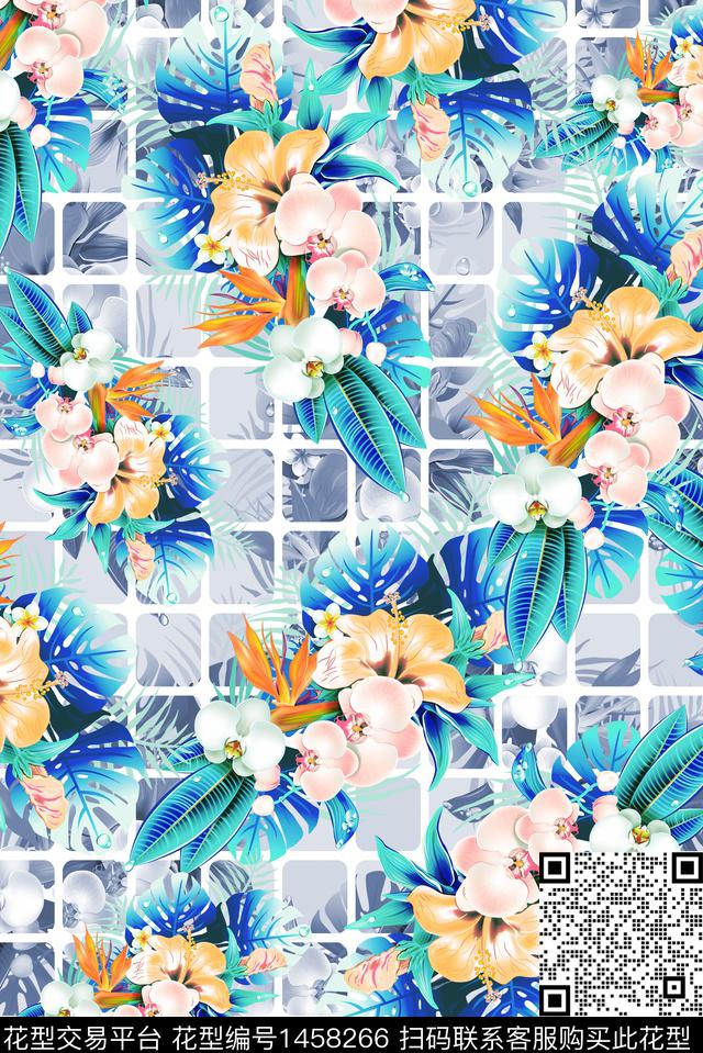 格子花卉大牌风数码印花华亿平台下载（图片编号: 1458266） - 瓦栏（Walan）