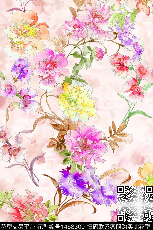 时尚花卉真丝数码印花华亿平台下载（图片编号: 1458309） - 瓦栏（Walan）