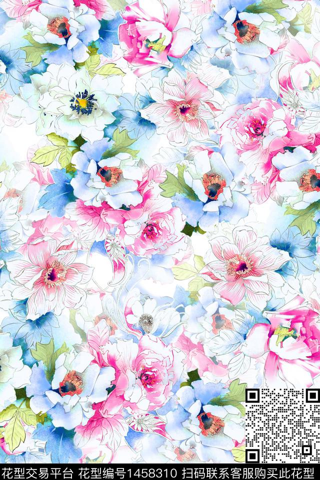 时尚花卉真丝数码印花华亿平台下载（图片编号: 1458310） - 瓦栏（Walan）