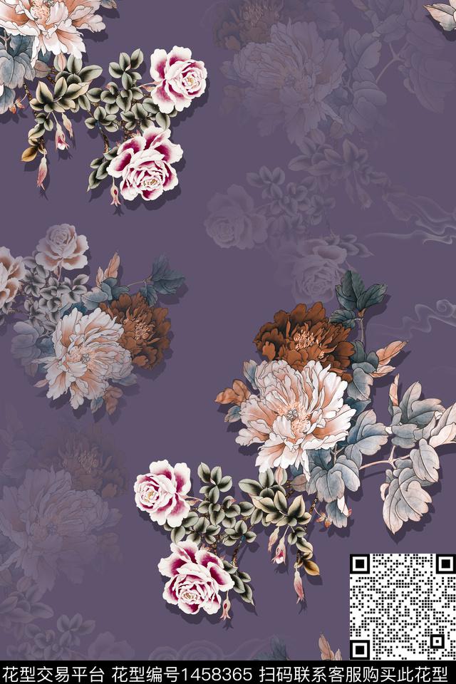 中国风大花香云纱数码印花华亿平台下载（图片编号: 1458365） - 瓦栏（Walan）