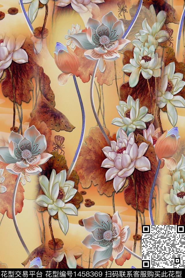 荷花香云纱中国风数码印花华亿平台下载（图片编号: 1458369） - 瓦栏（Walan）