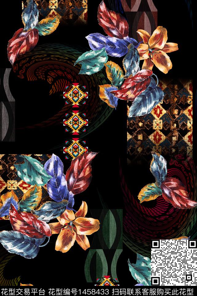 几何民族风花卉数码印花华亿平台下载（图片编号: 1458433） - 瓦栏（Walan）