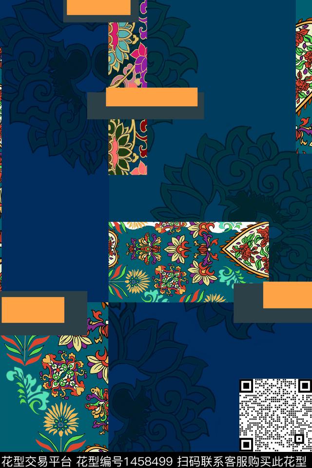 复古民族风。图腾纹样组合数码印花华亿平台下载（图片编号: 1458499） - 瓦栏（Walan）