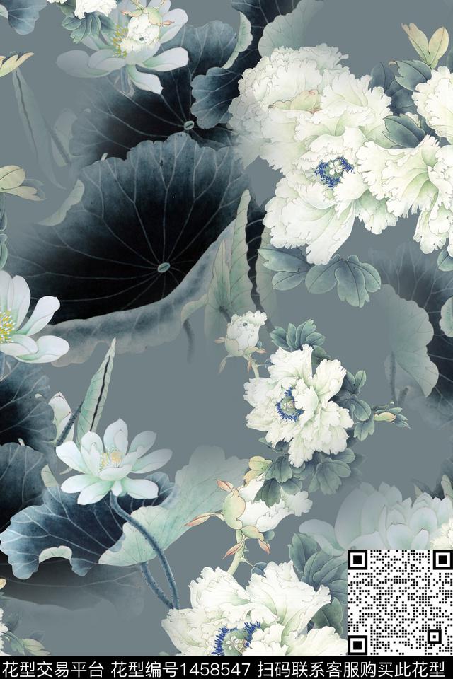 荷花花卉大牌风数码印花华亿平台下载（图片编号: 1458547） - 瓦栏（Walan）