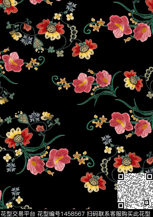 花卉羊毛衫黑底花卉数码印花华亿平台下载（图片编号: 1458567） - 瓦栏（Walan）