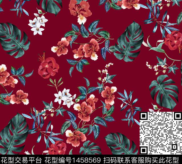 花卉热带华亿平台龟背叶数码印花华亿平台下载（图片编号: 1458569） - 瓦栏（Walan）