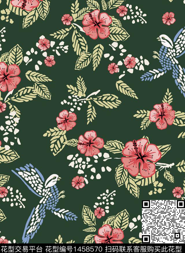 鸟花卉抽象传统印花华亿平台下载（图片编号: 1458570） - 瓦栏（Walan）