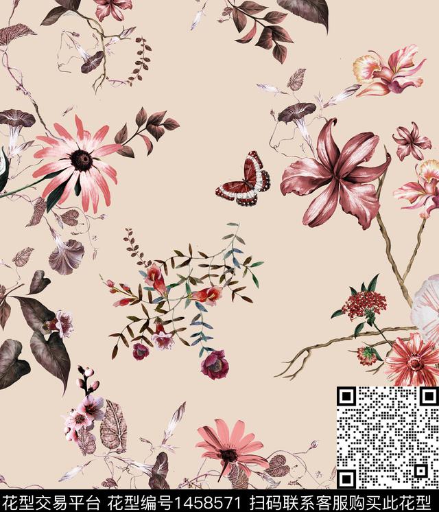 水彩花卉蝴蝶数码印花华亿平台下载（图片编号: 1458571） - 瓦栏（Walan）