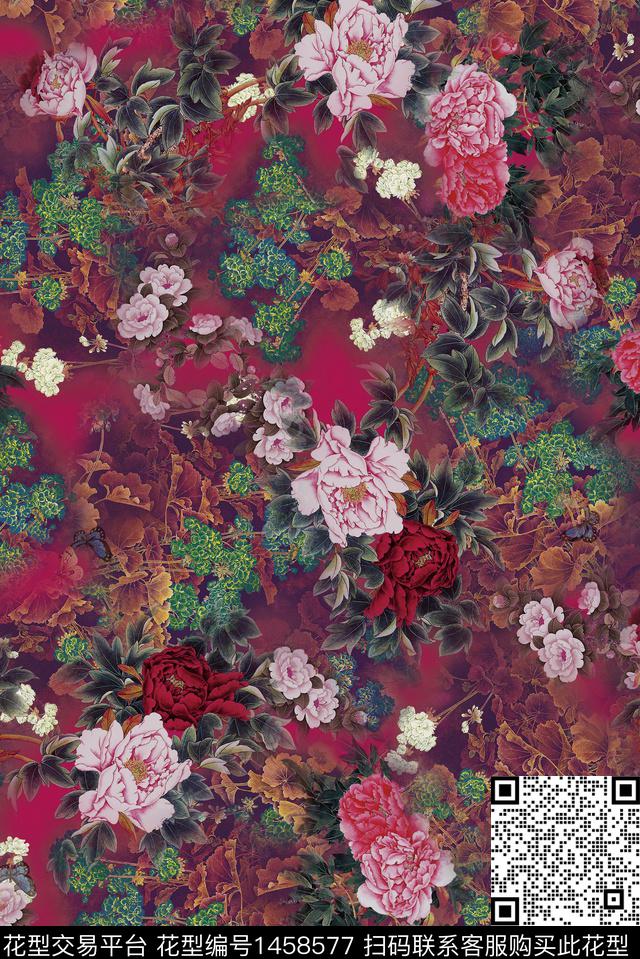 香云纱中国风国画花数码印花华亿平台下载（图片编号: 1458577） - 瓦栏（Walan）