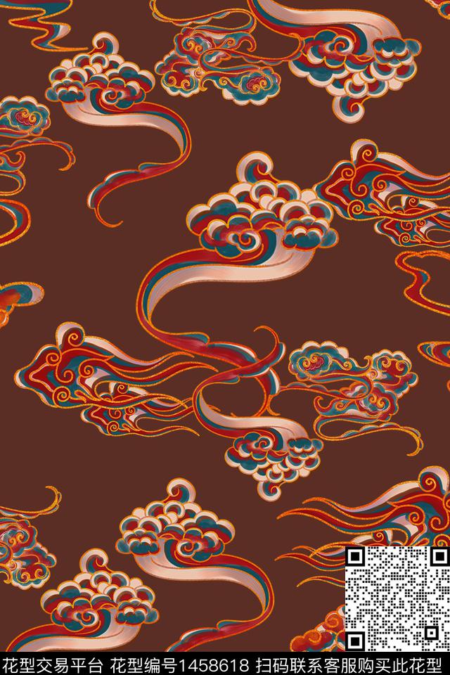 祥云民族风香云纱数码印花华亿平台下载（图片编号: 1458618） - 瓦栏（Walan）
