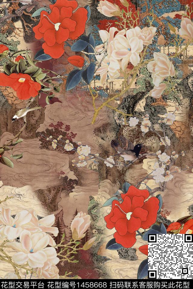 花卉中国风真丝数码印花华亿平台下载（图片编号: 1458668） - 瓦栏（Walan）