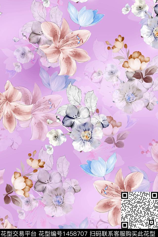 花卉小清新真丝数码印花华亿平台下载（图片编号: 1458707） - 瓦栏（Walan）