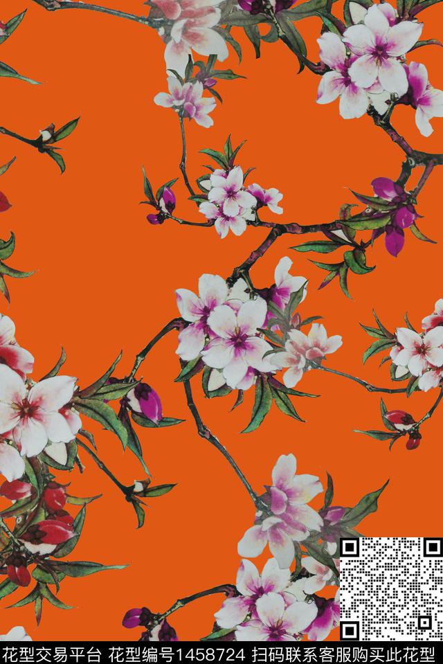 桃花中国风花卉旗袍风数码印花华亿平台下载（图片编号: 1458724） - 瓦栏（Walan）