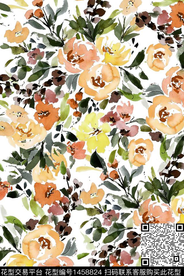 花卉小清新真丝数码印花华亿平台下载（图片编号: 1458824） - 瓦栏（Walan）