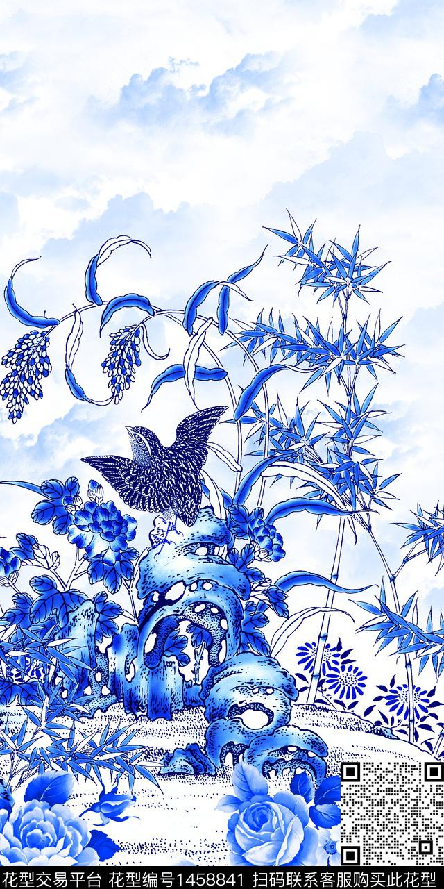 定位花青花瓷大牌风数码印花华亿平台下载（图片编号: 1458841） - 瓦栏（Walan）