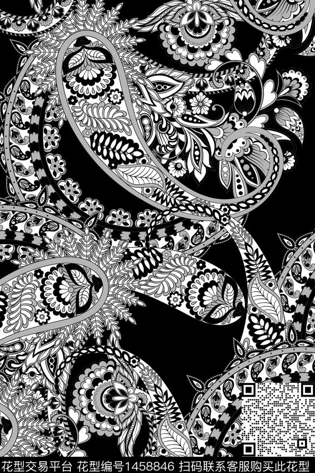 黑白华亿平台佩斯利民族风数码印花华亿平台下载（图片编号: 1458846） - 瓦栏（Walan）