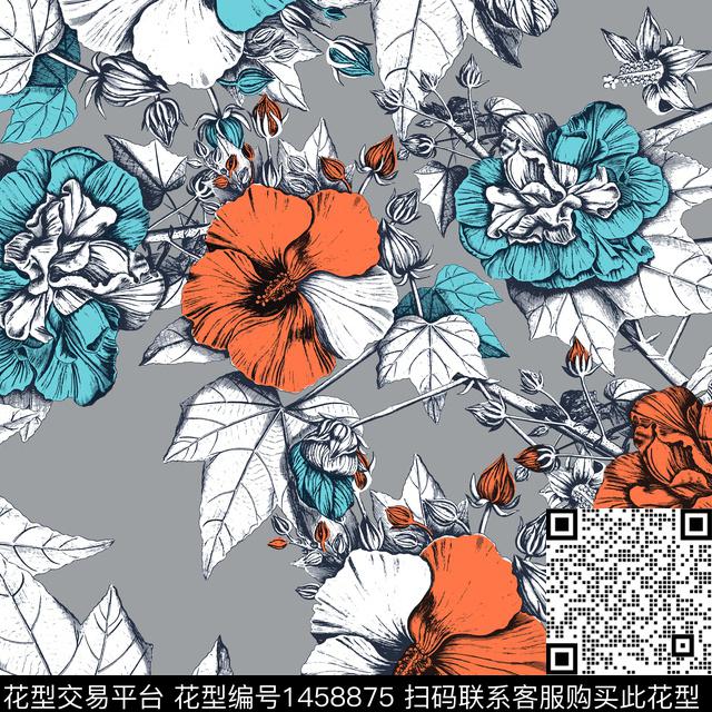 复古大花牡丹数码印花华亿平台下载（图片编号: 1458875） - 瓦栏（Walan）