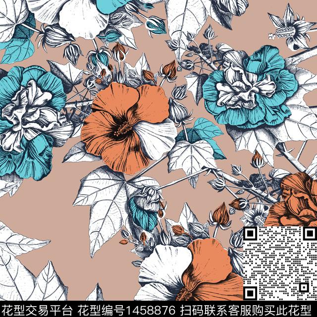羽毛复古大花数码印花华亿平台下载（图片编号: 1458876） - 瓦栏（Walan）