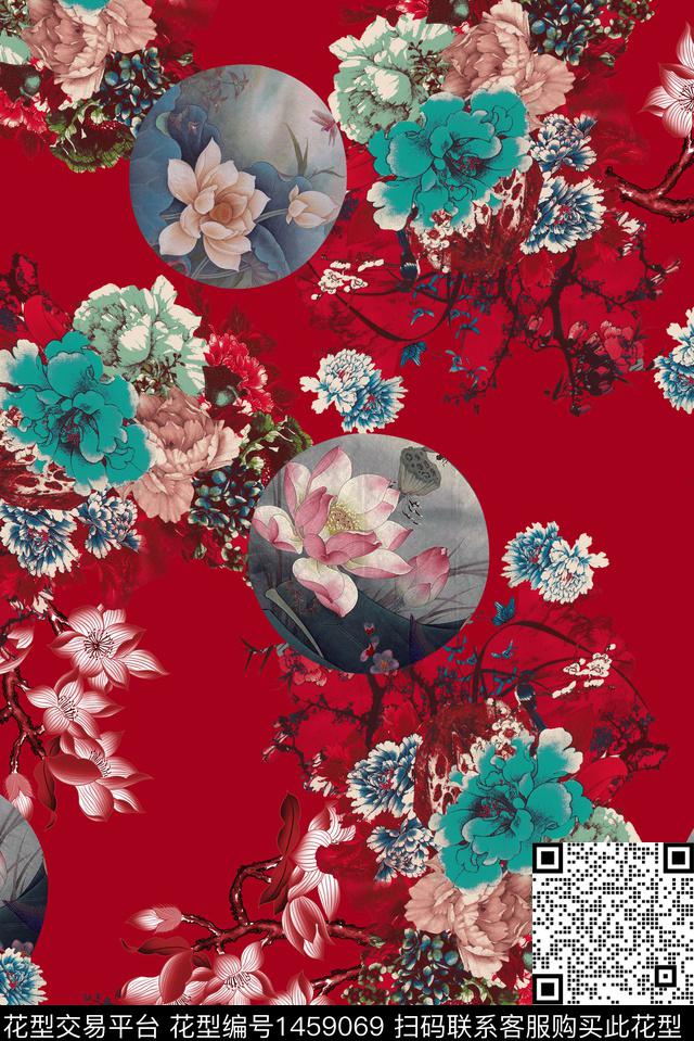 香云纱中国风花卉组合花数码印花华亿平台下载（图片编号: 1459069） - 瓦栏（Walan）