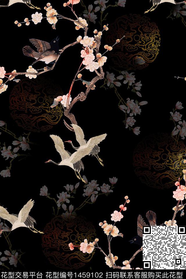 黑底花卉绿植树叶大牌风数码印花华亿平台下载（图片编号: 1459102） - 瓦栏（Walan）